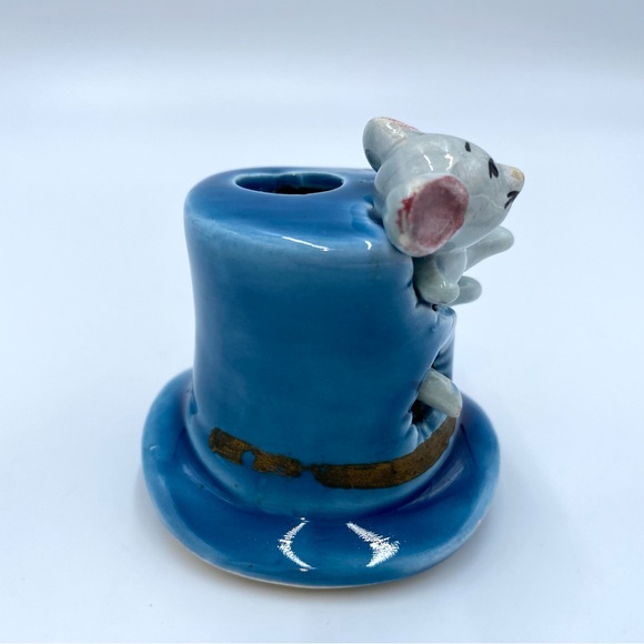 Vintage 70s W. N. CO. Ceramics Gray Mouse Blue Top Hat Toothpick Holder Japan - Picture 4 of 14